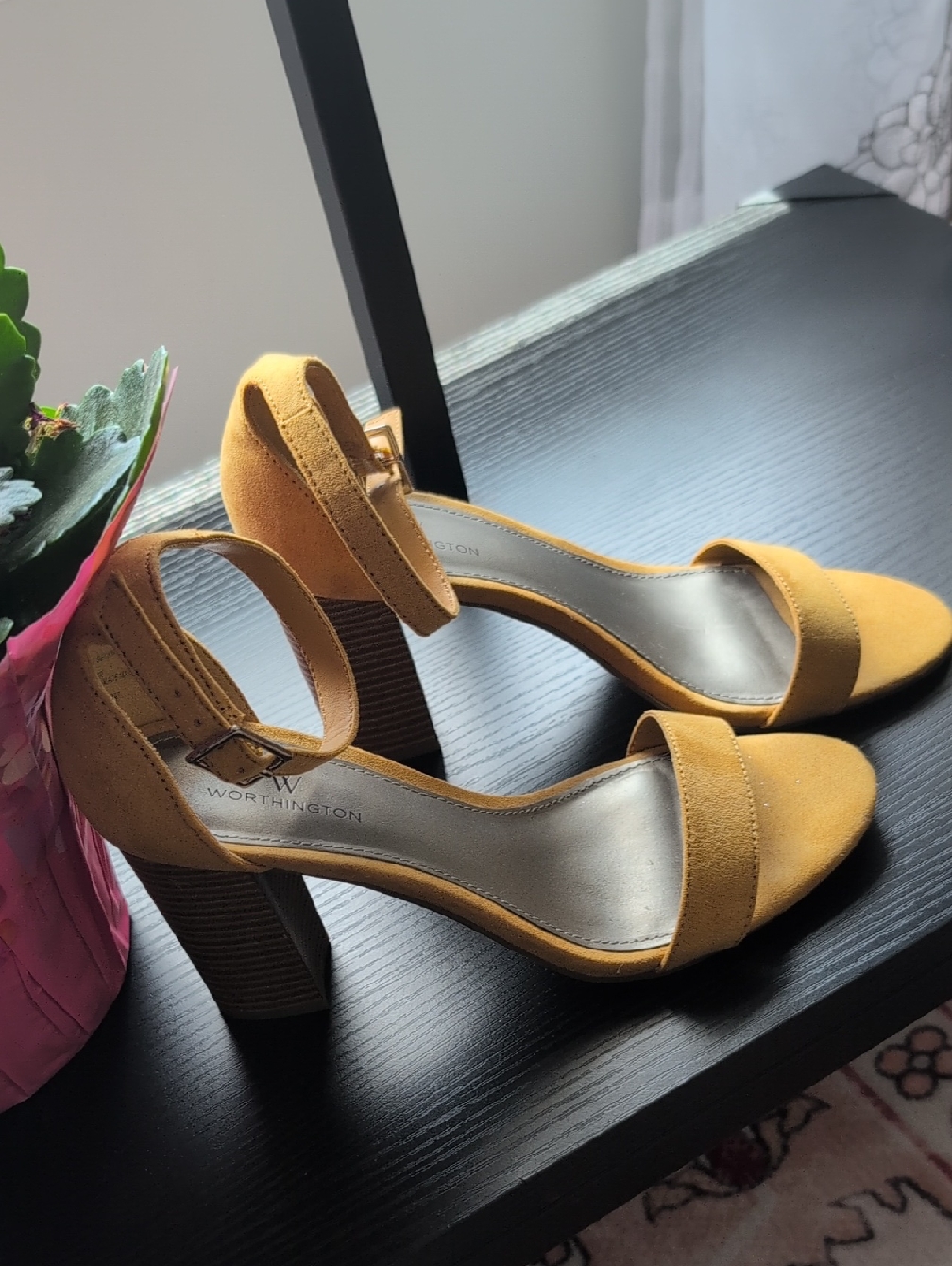 Worthington Yellow Suede Block Heel Sandals With Ankle Strap